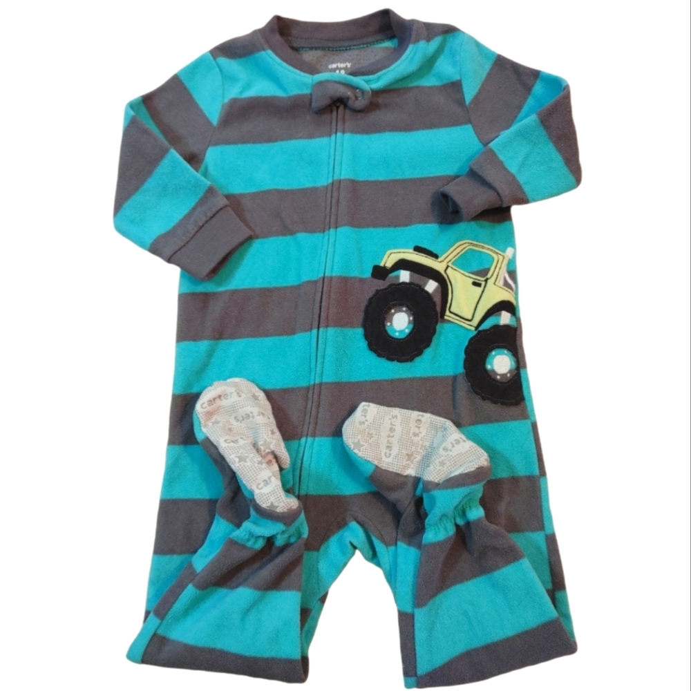 CARTER'S Teal and Grey Fleece Full Zip Pajamas with Monster Truck Grapic